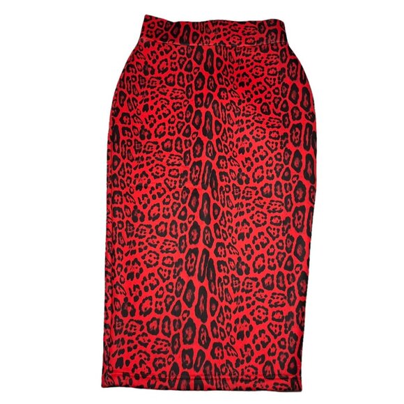 River Island Leopard Bodycon Skirt Red Zip Closure Stretch Size UK 6 US 2 - Picture 1 of 11